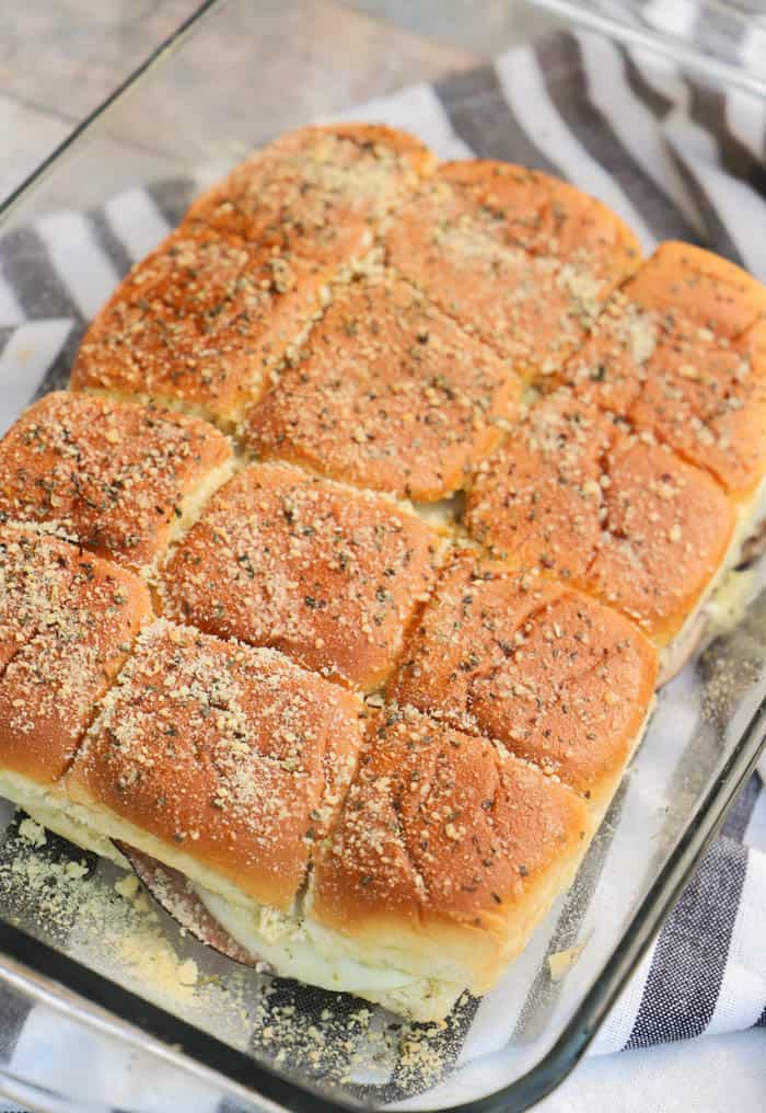 Roast Beef Italian Sliders in a casserole dish