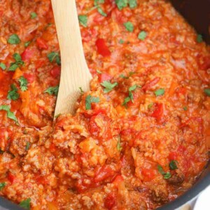 One Pot Stuffed Pepper Casserole in a wooden spoon