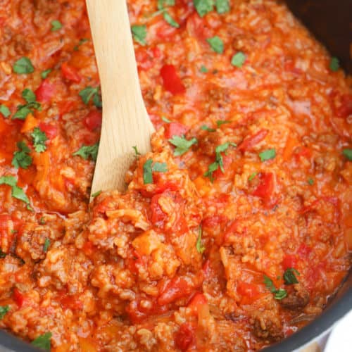 One Pot Stuffed Pepper Casserole in a wooden spoon