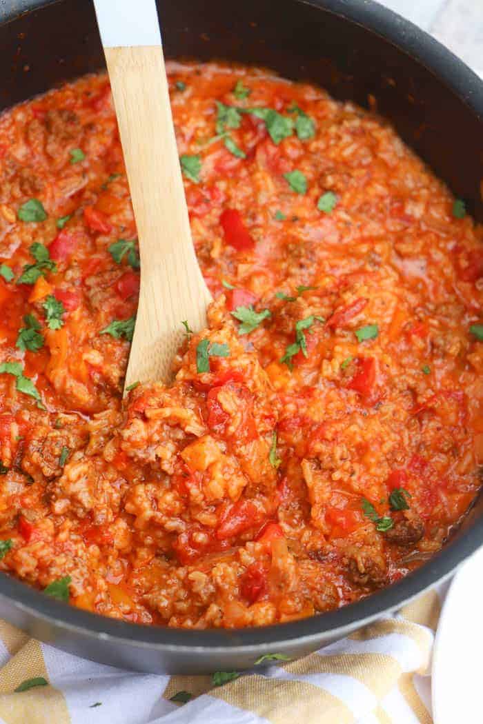 One Pot Stuffed Pepper Casserole in a wooden spoon