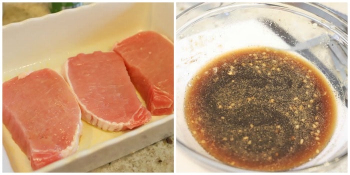 pork chops uncooked in a casserole dish