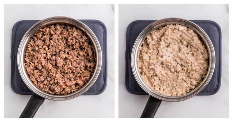 sausage and cream cheese in a pot cooking