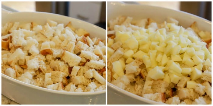 Apple Cinnamon French Toast Casserole in a casserole dish with apples