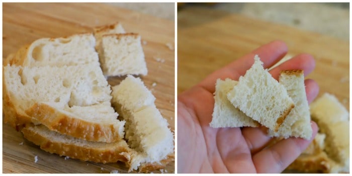 cutting bread for Apple Cinnamon French Toast Casserole