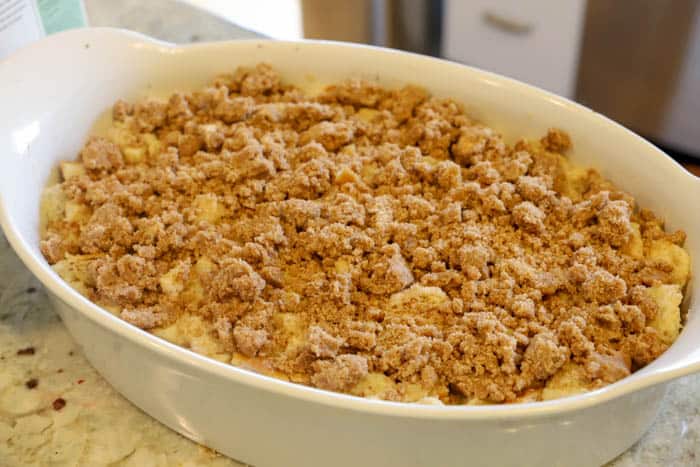 Apple Cinnamon French Toast Casserole in a white casserole dish