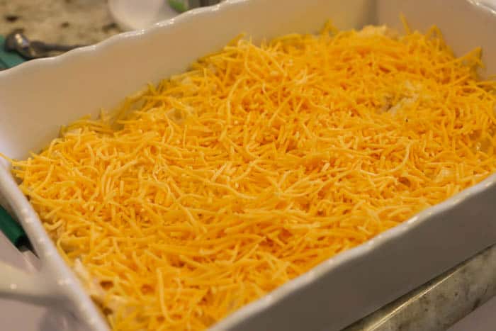 Buffalo Chicken Tater Tot Casserole topped with shredded cheese