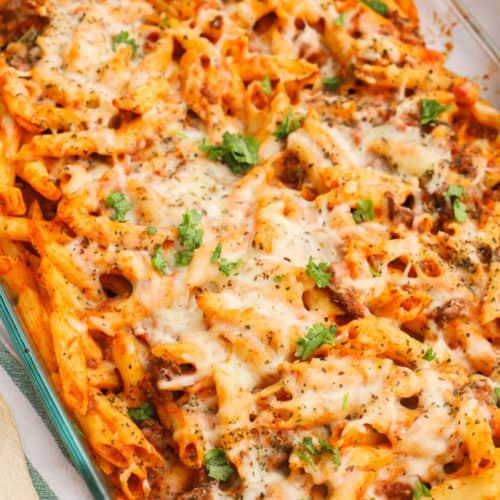 Pasta Bake in a clear casserole dish