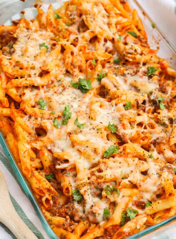 Pasta Bake in a clear casserole dish