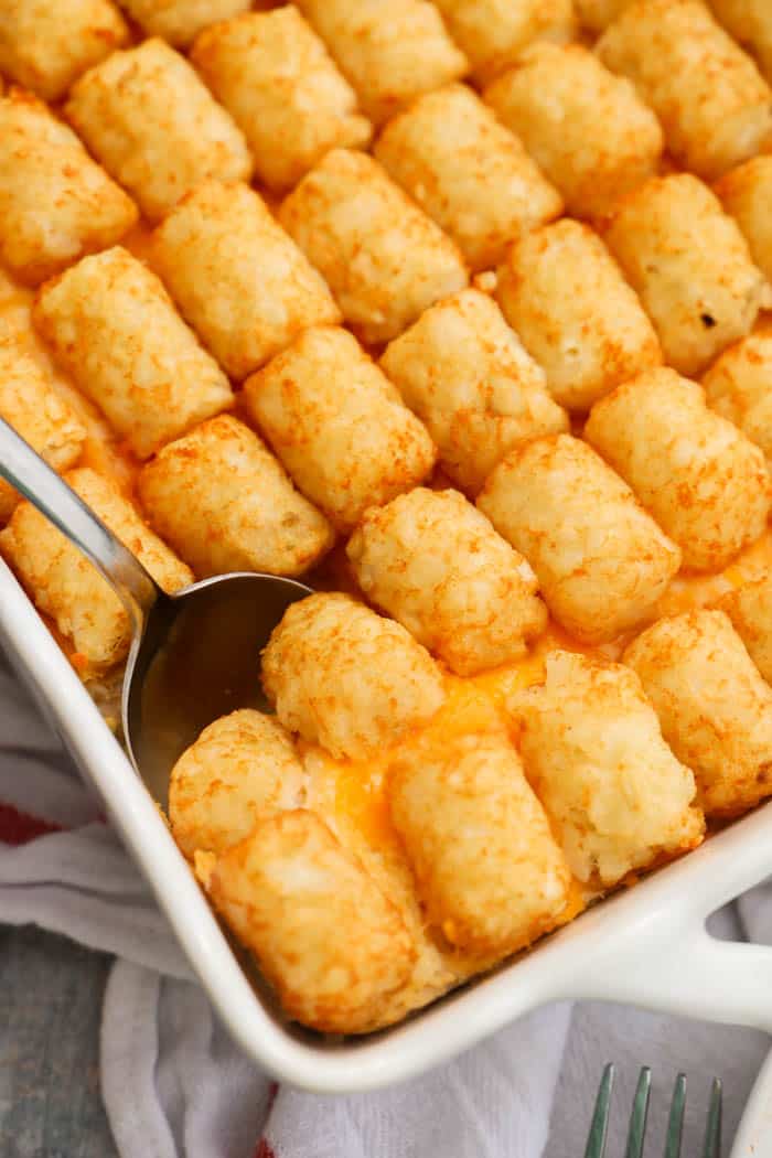 Buffalo Chicken Tater Tot Casserole scoping with a spoon