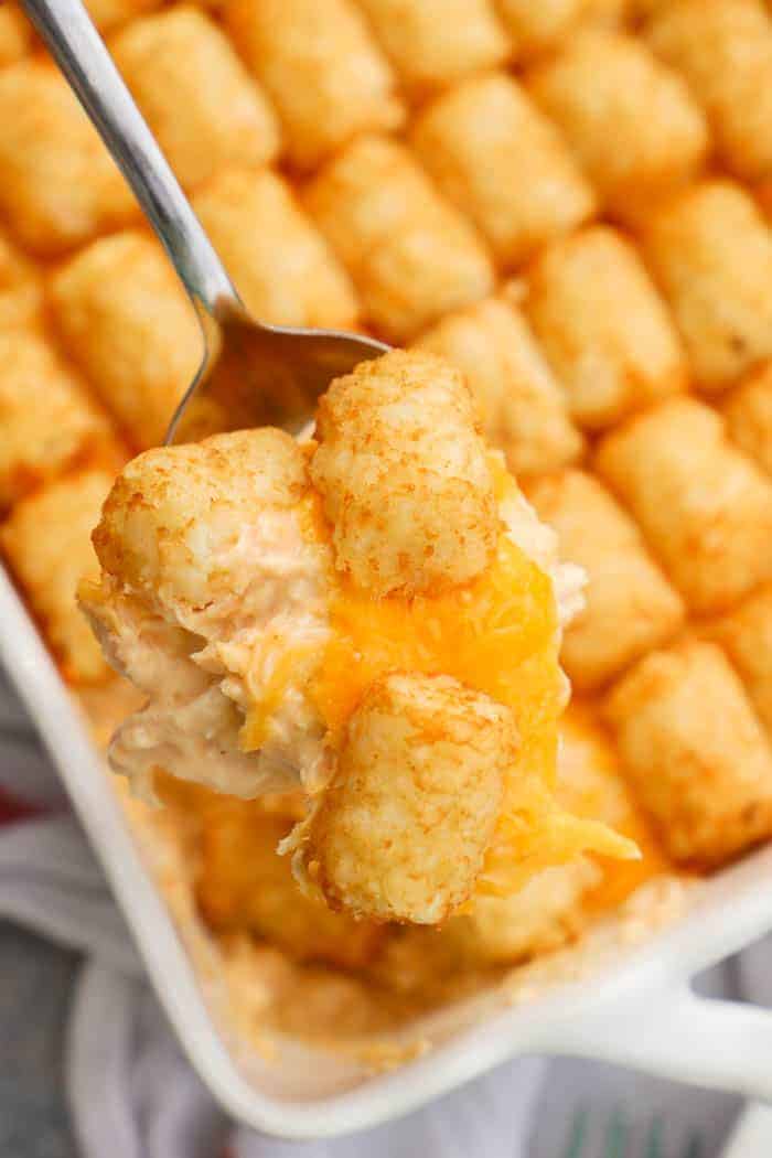 Buffalo Chicken Tater Tot Casserole in a spoon