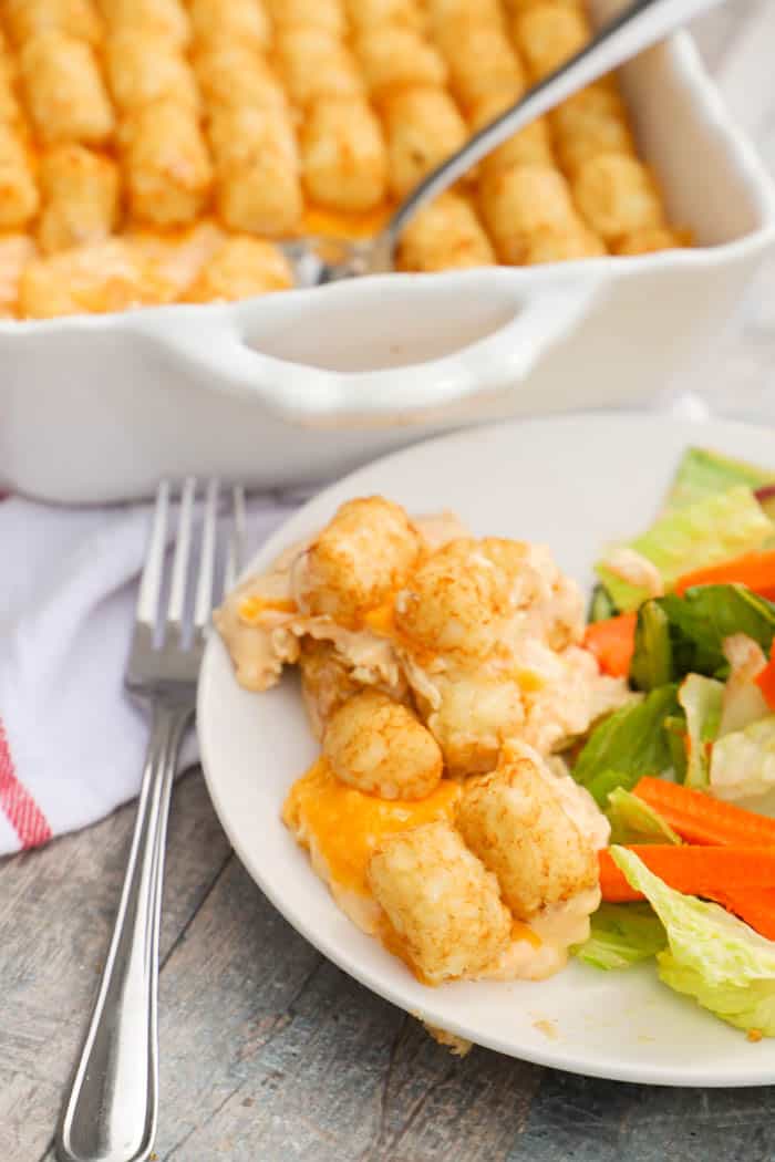 Buffalo Chicken Tater Tot Casserole on a white plate