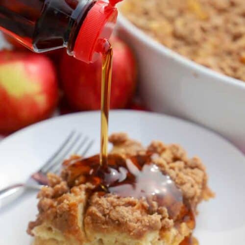 pouring syrup Apple Cinnamon French Toast Casserole