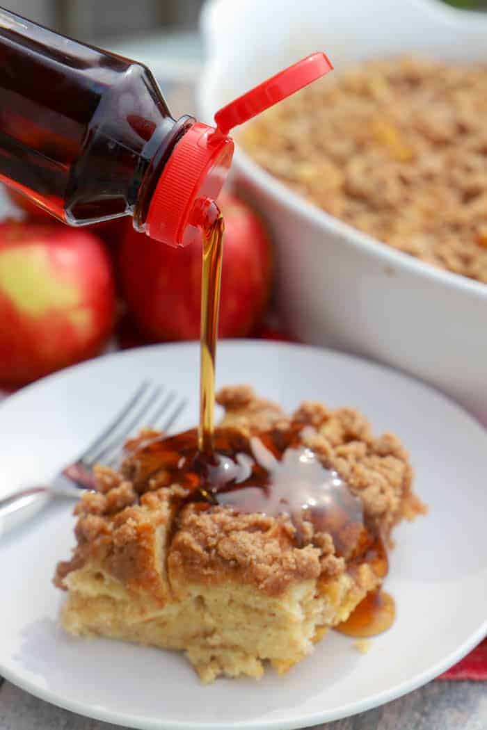 pouring syrup Apple Cinnamon French Toast Casserole