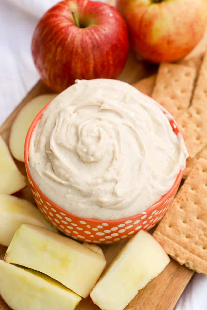 Snickerdoodle Dip with fruit on a tray