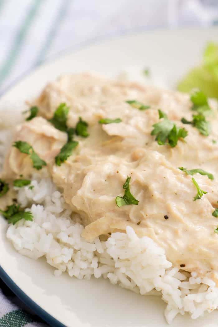 Slow Cooker Ranch Chicken on top of white rice