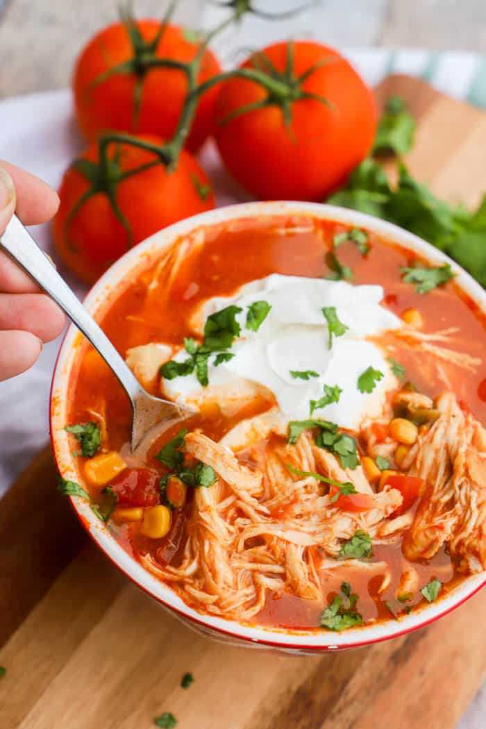 Slow Cooker Chicken Taco Soup with a spoon