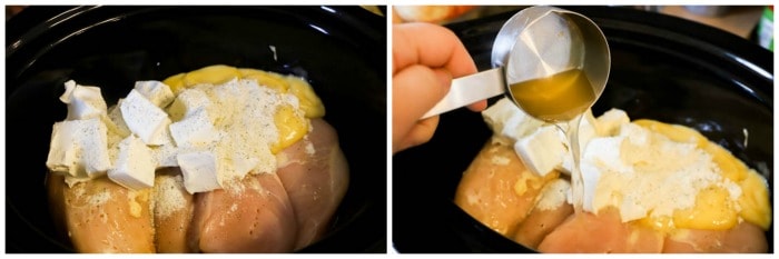 adding chicken to the slow cooker with other ingredients