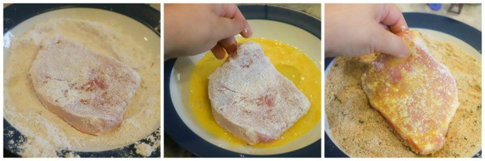 pork going into the flour, egg, and crumbs. 