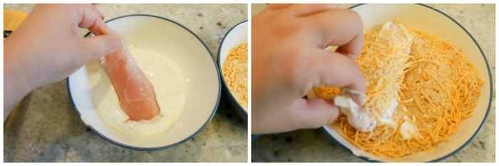 dipping Cheesy Ranch Chicken Tenders in the ranch