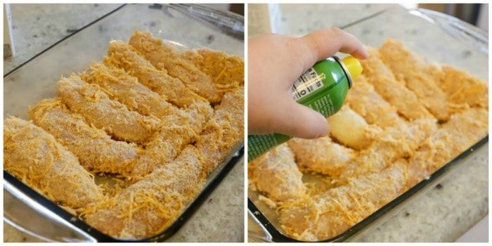 Cheesy Ranch Chicken Tenders in a casserole dish ready for dinner