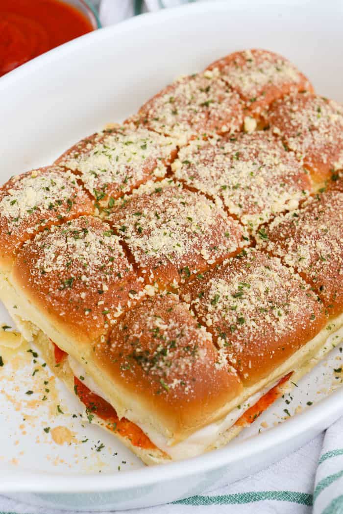 Pizza Sliders in a casserole dish