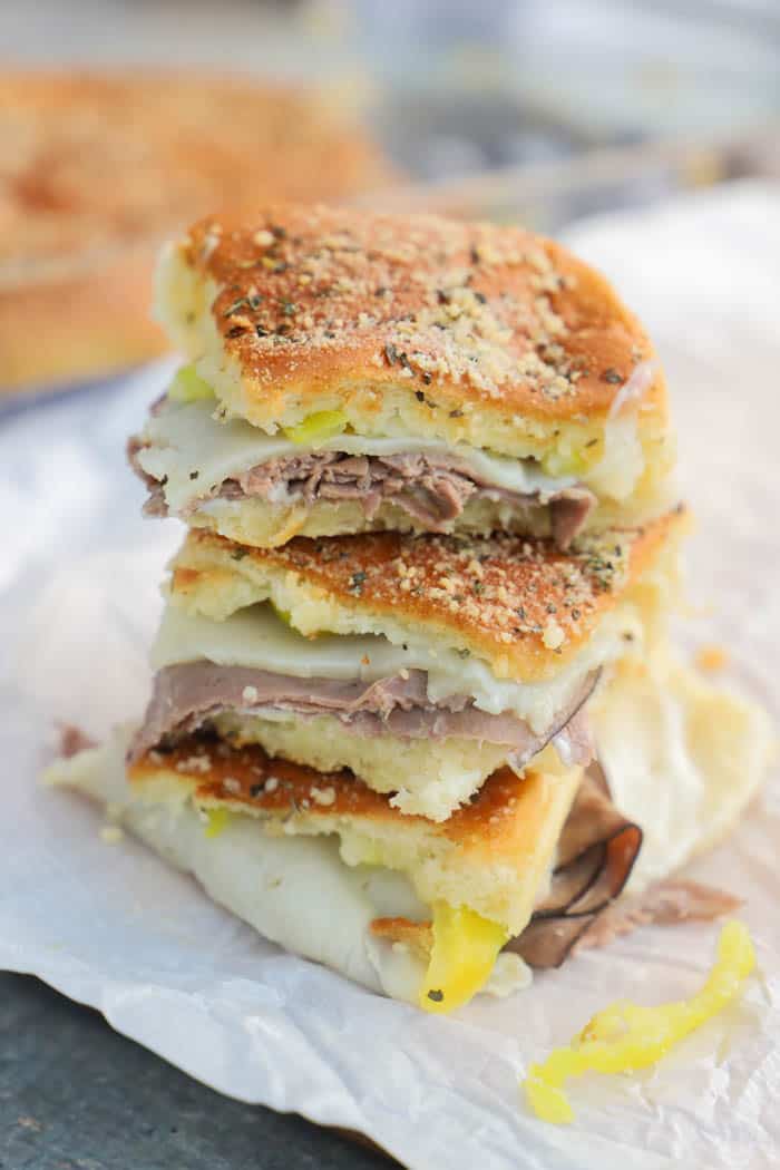 Roast Beef Italian Sliders stacked