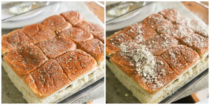 adding seasonings to the top of the Roast Beef Italian Sliders