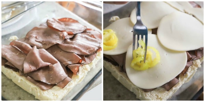 Roast Beef Italian Sliders being built with ingredients