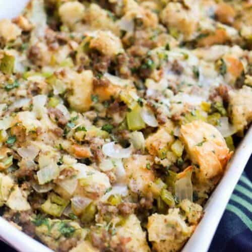 Sausage & Herb Stuffing in a white casserole dish