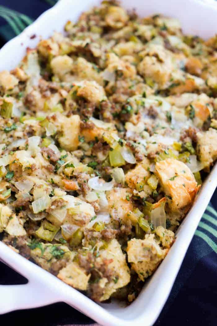 Sausage & Herb Stuffing in a white casserole dish