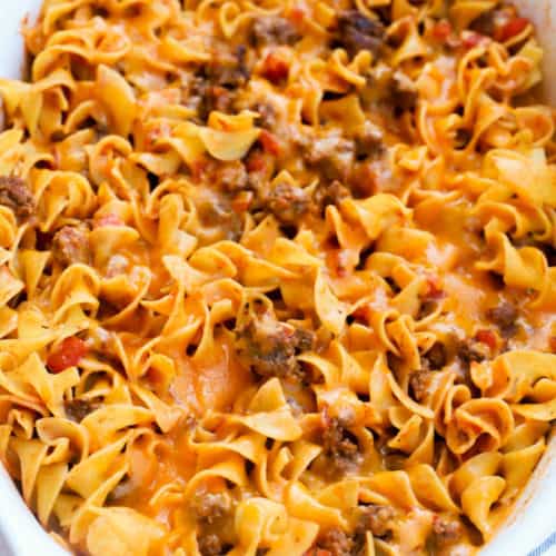 Beef and Noodle Casserole in a white casserole dish