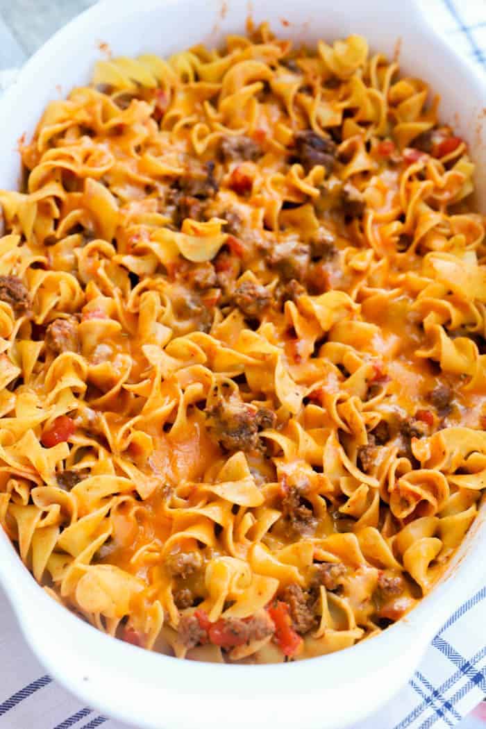 Beef and Noodle Casserole in a white casserole dish