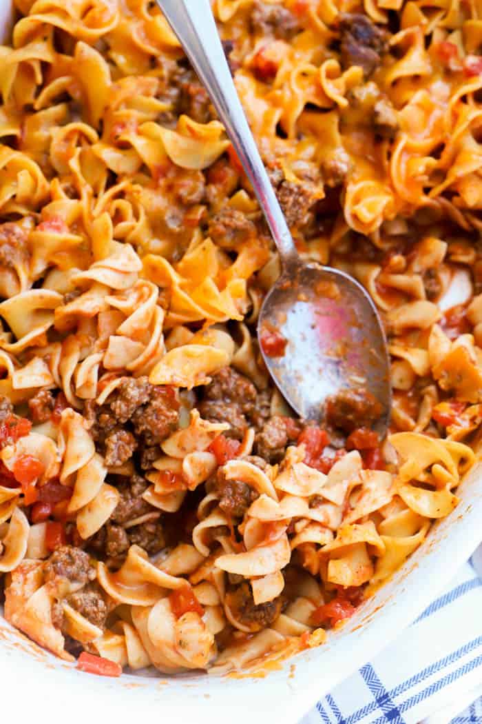 Beef and Noodle Casserole on a spoon