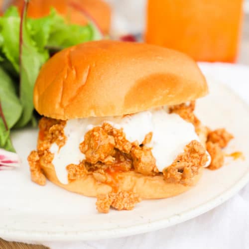 Buffalo Chicken Sloppy Joes on a plate with salad