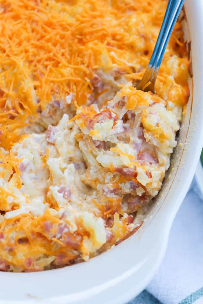 Cheesy Ham and Potato Casserole in a casserole dish