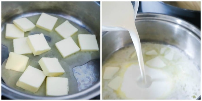 melting milk and adding cream to a pan