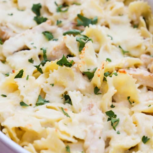 Chicken Alfredo Casserole in a white casserole dish