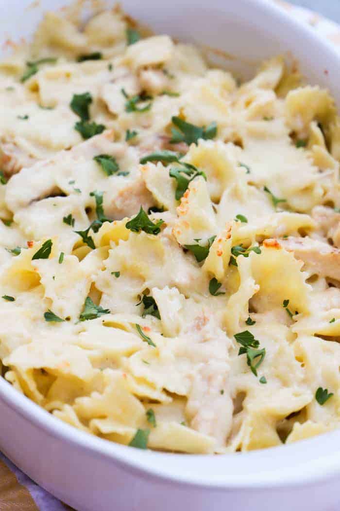 Chicken Alfredo Casserole in a white casserole dish