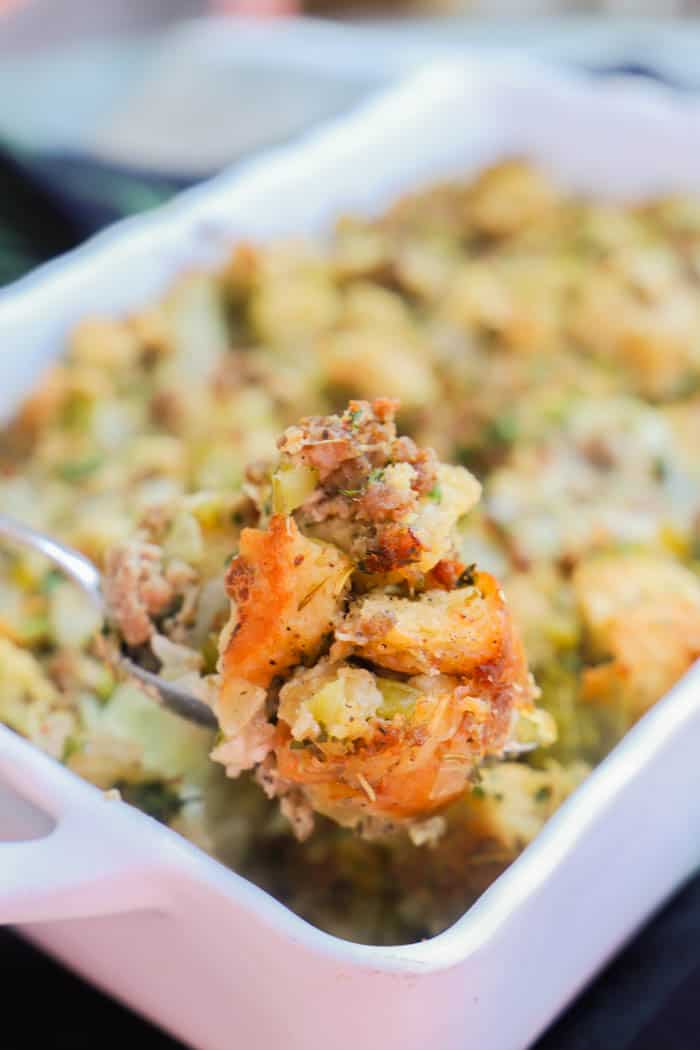 Sausage & Herb Stuffing on a spoon