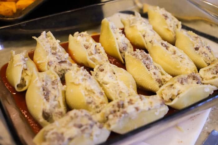Lasagna Stuffed Shells in cooked in a casserole dish