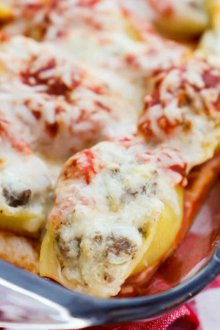 Lasagna Stuffed Shells in a casserole dish