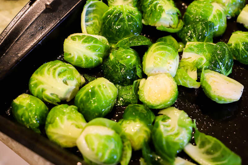 Parmesan Roasted Brussel Sprouts on a baking sheet