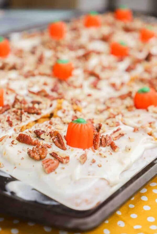 Pumpkin Sheet Cake in a sheet pan