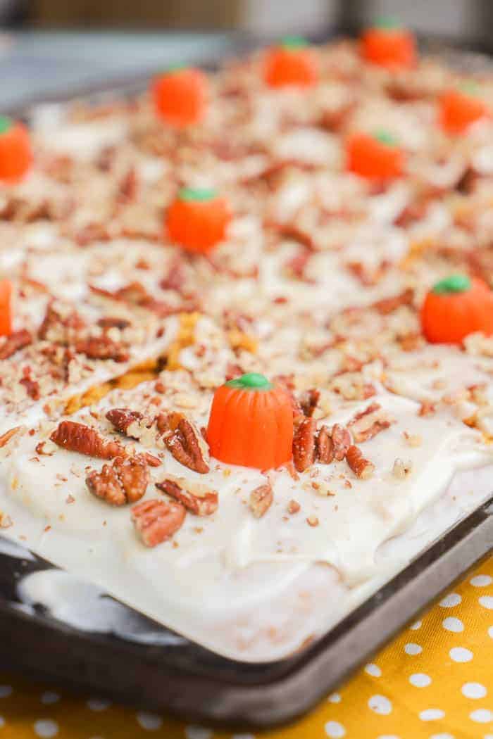 Pumpkin Sheet Cake in a sheet pan 