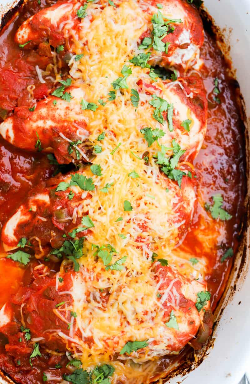 baked Salsa Chicken in a white casserole dish