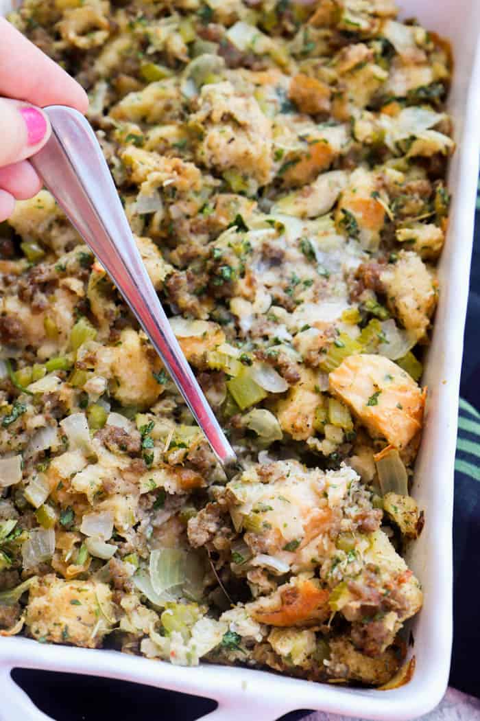 scooping out Sausage & Herb Stuffing
