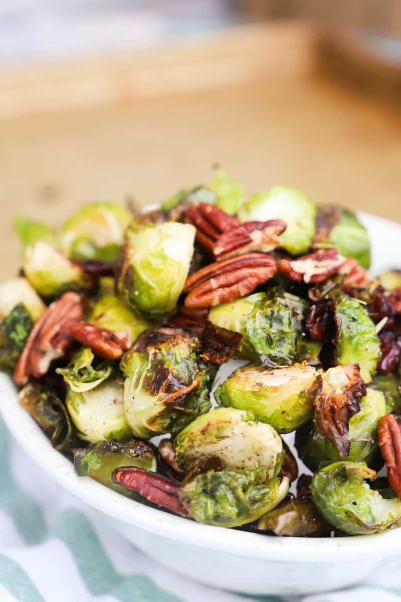 Cranberry Pecan Roasted Brussel Sprouts in a bowl 