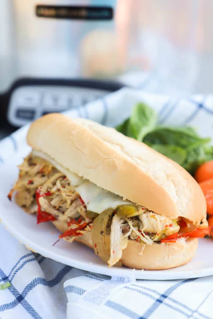 Slow Cooker Philly Chicken Cheesesteak on a white plate