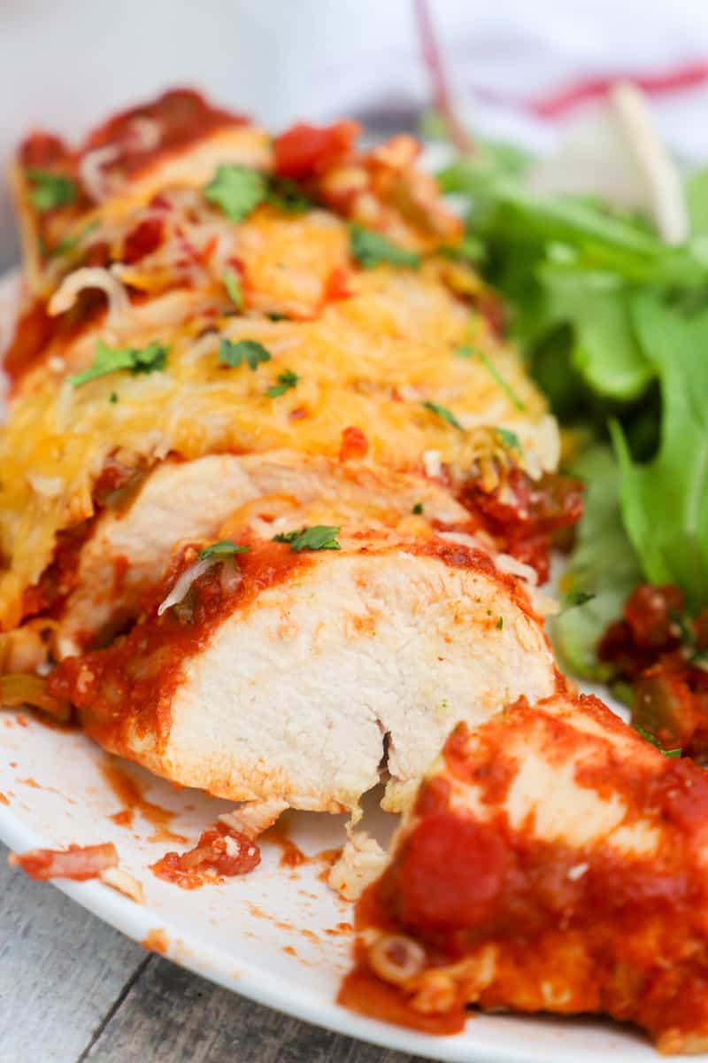 Salsa Chicken sliced on a plate