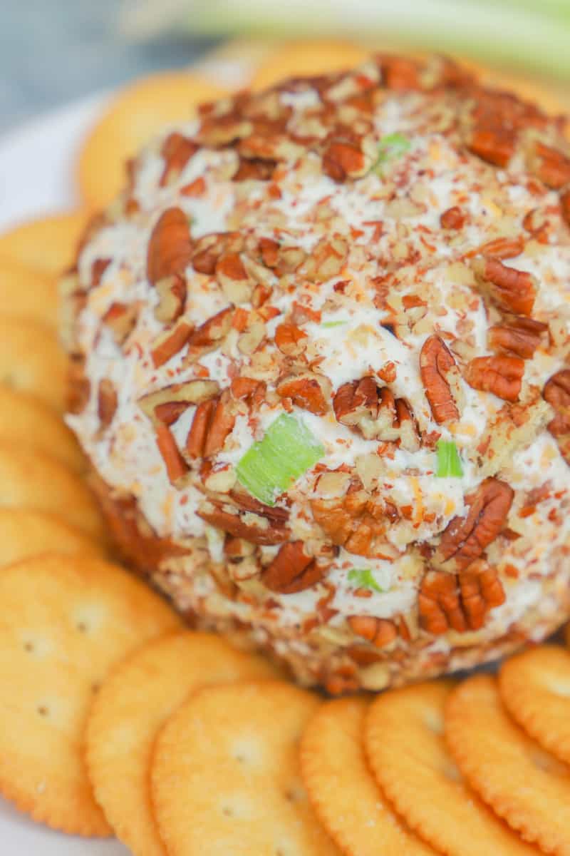 Classic Cheese Ball with Ritz crackers closeup